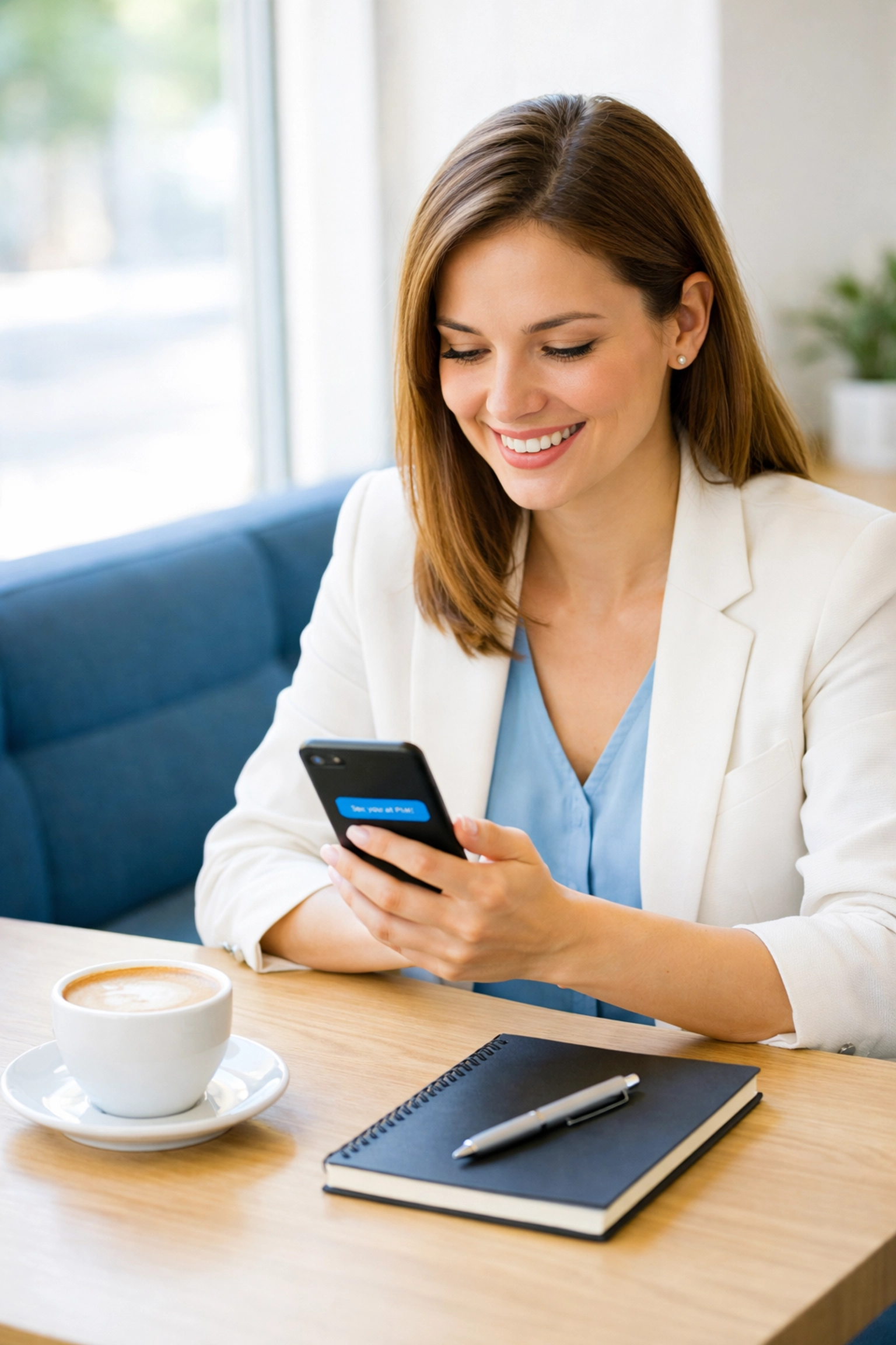 Woman reading brief SMS fundraising message on smartphone during lunch break