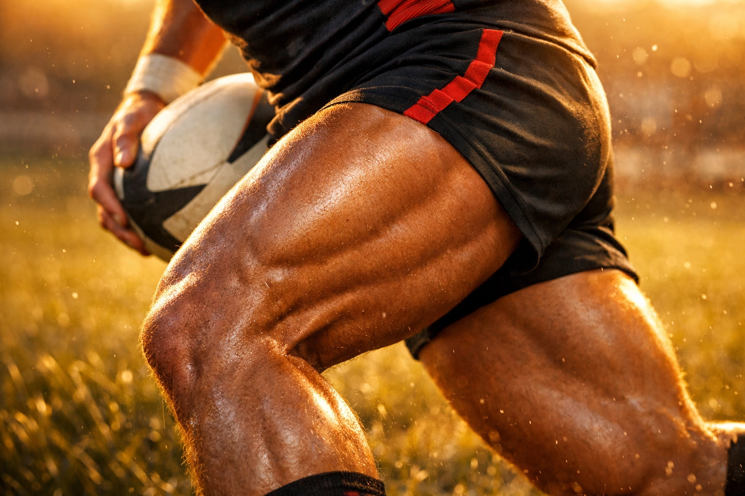 Close-up of a gay athlete’s powerful muscular thighs on a rugby field, reflecting MM romance aesthetics.