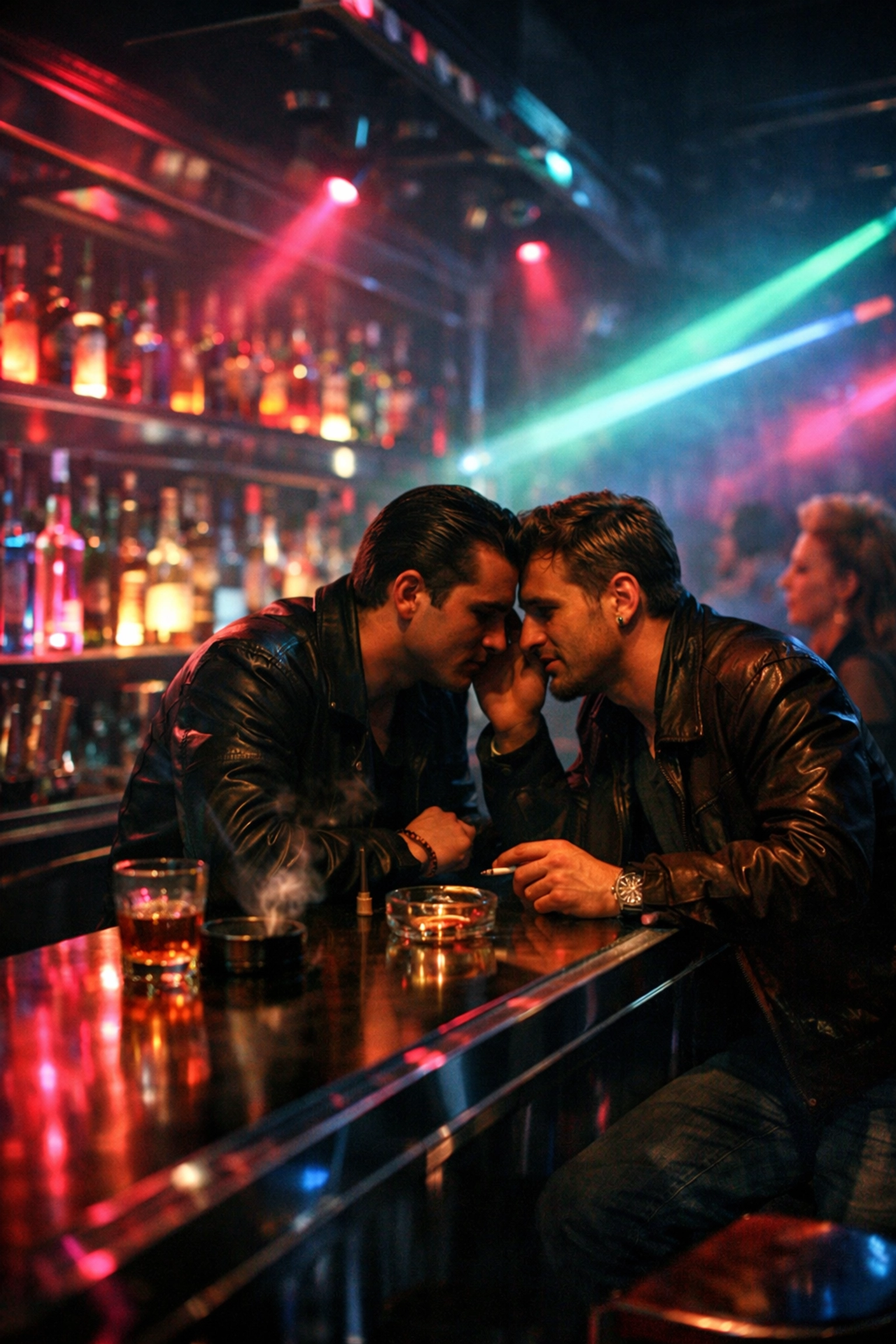 Interior of upscale Moscow gay nightclub with two men connecting in 1990s club scene
