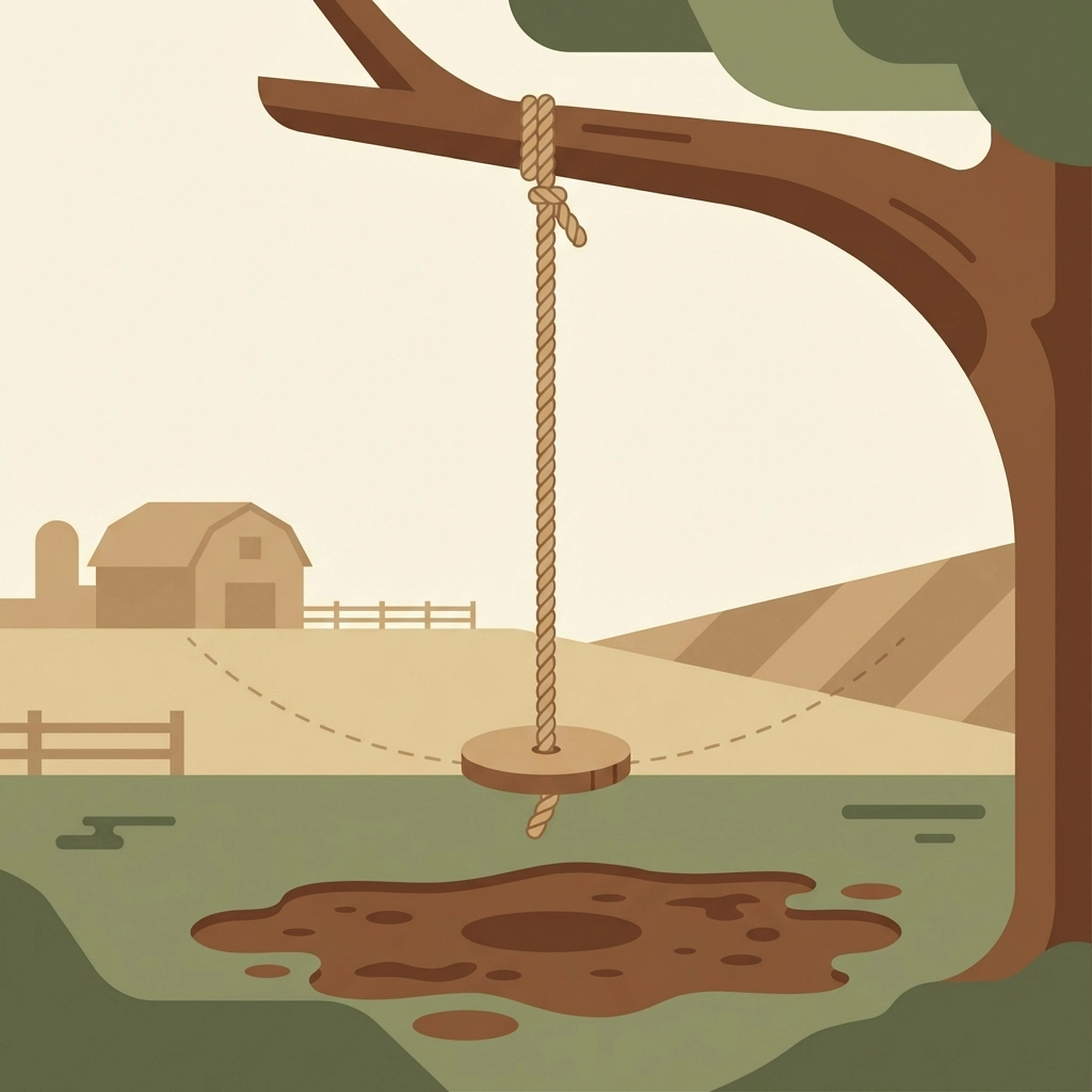 Flat illustration of a rope swing hanging over mud with farmland in background, demonstrating a classic obstacle course challenge.