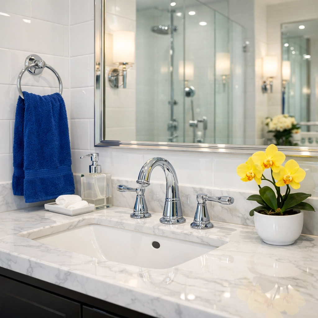 Sanitized apartment bathroom vanity cleaned with eco-friendly house cleaning in Leominster MA.