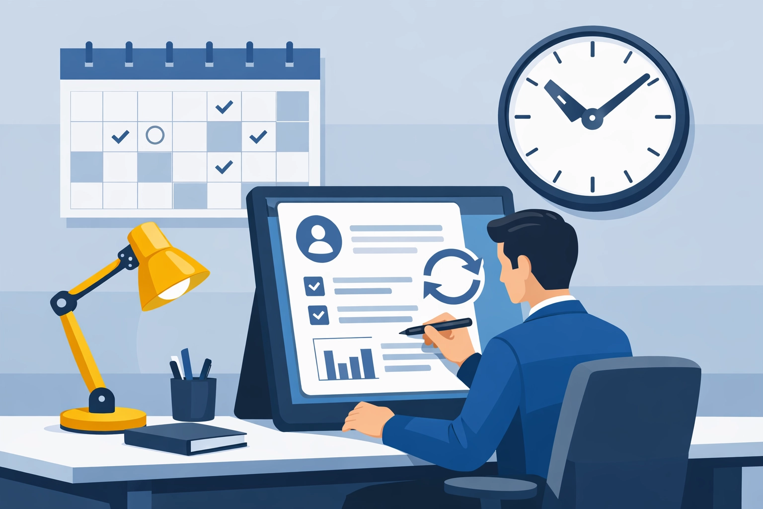 Professional updating a digital W-4 tax form on a tablet for 2026 tax withholding adjustments.