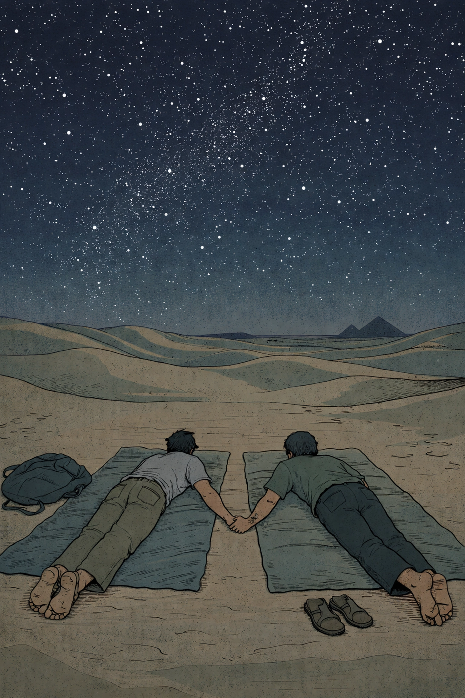Two men holding hands under a starlit sky in the Egyptian desert, symbolizing love and sanctuary in The Valentine's Villa