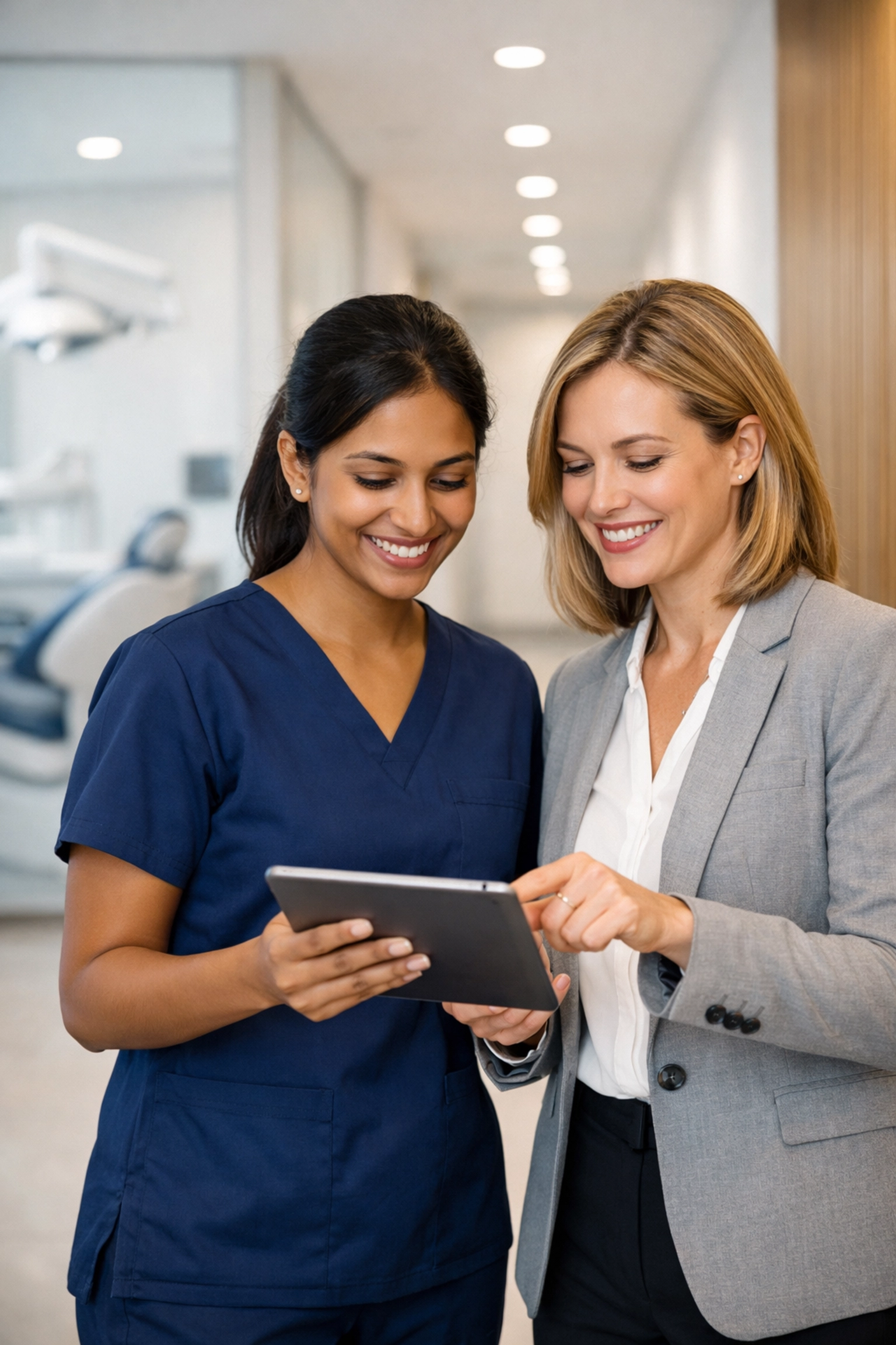 A locum dental nurse and practice manager in a Birmingham clinic reviewing digital records for CQC compliance