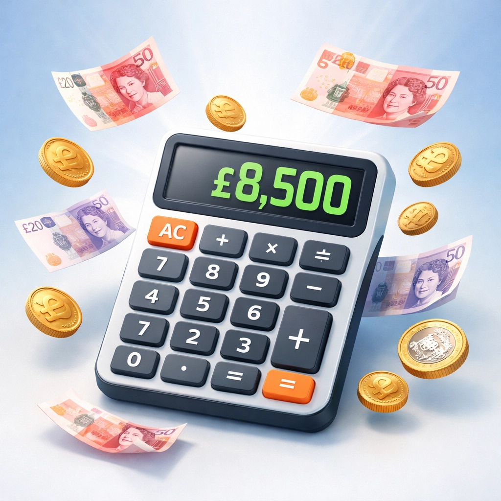 Calculator showing £8,500 mortgage broker savings with British pound notes