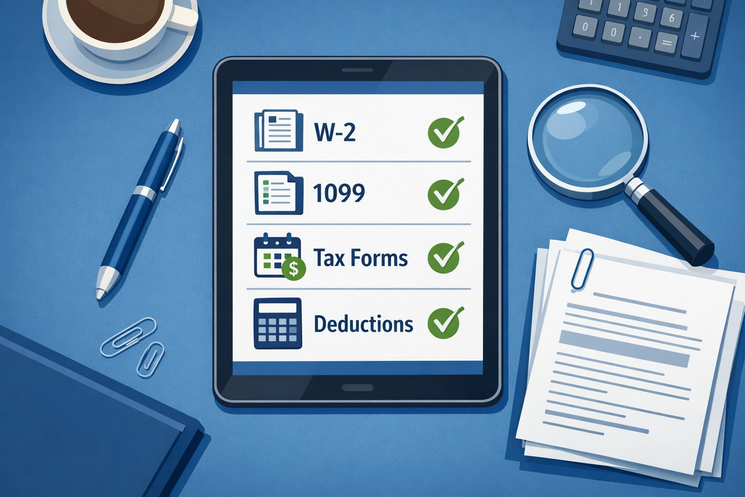 Tax document checklist showing W-2 and 1099 forms for accurate New Haven tax filing.