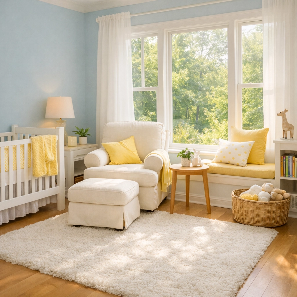 Eco-friendly residential cleaning Massachusetts in a bright, non-toxic luxury nursery with clean air and surfaces.