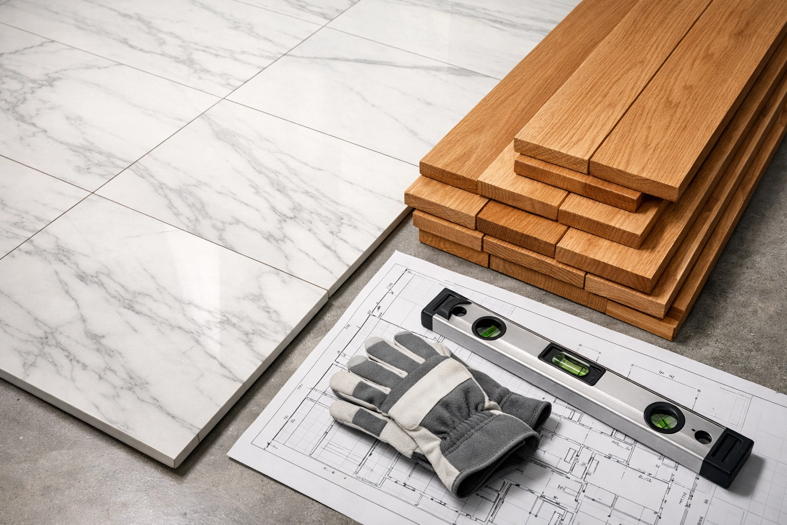 Premium marble tiles and hardwood flooring samples for quality Orlando home remodeling projects.