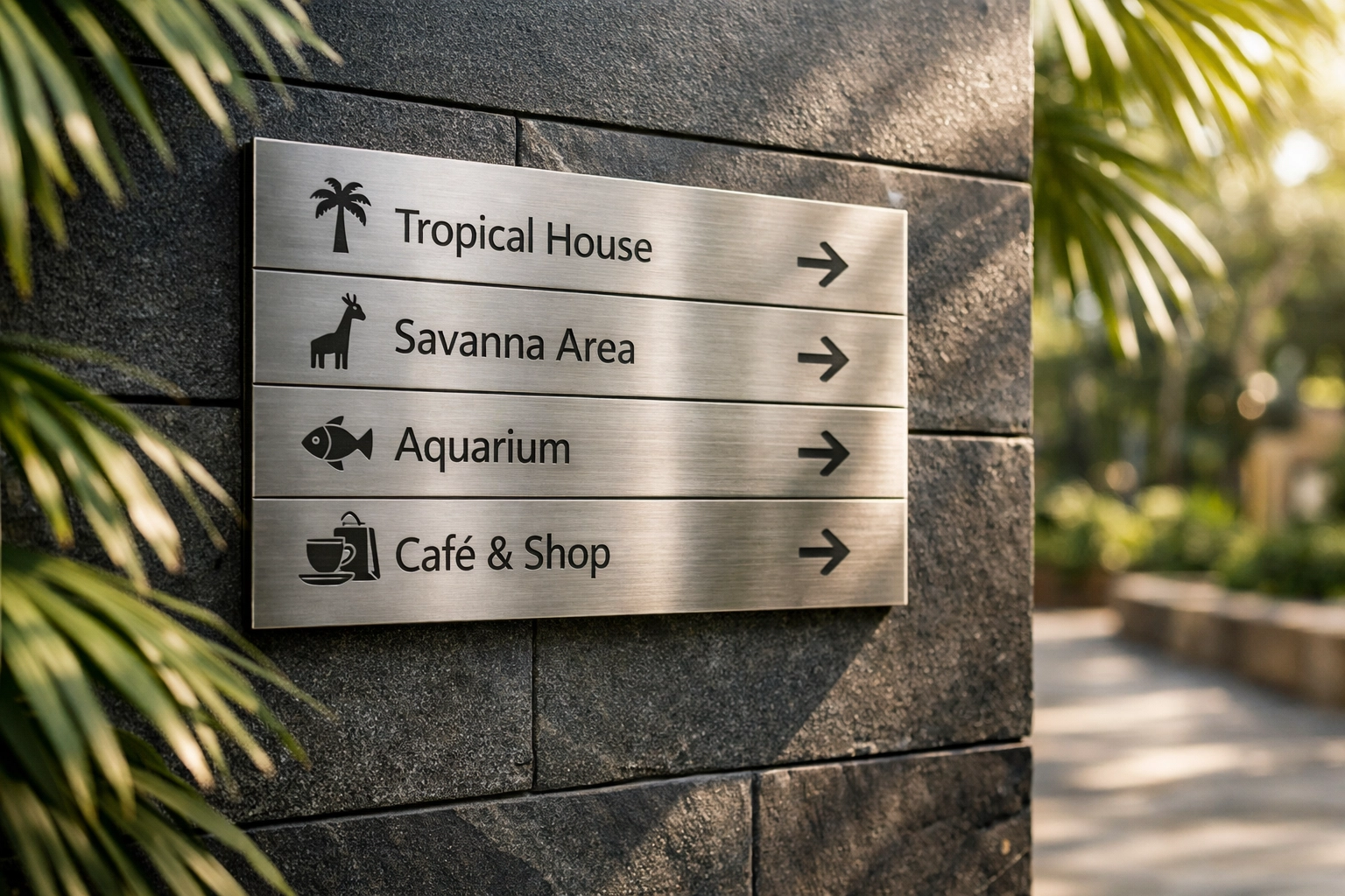 Modern metal directional sign in a contemporary zoo illustrating professional visual identity and typography.