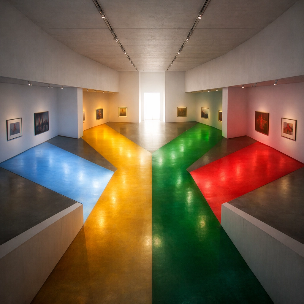 Four illuminated paths in a modern gallery representing the pillars of search intent in marketing.