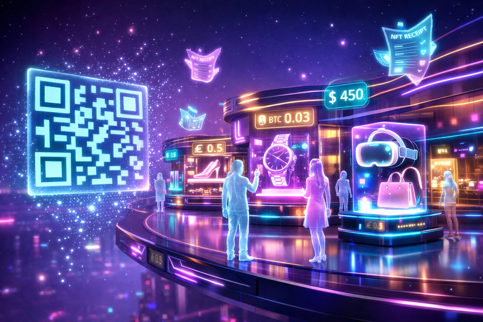 Virtual metaverse shopping mall with holographic storefronts and Web3 crypto payment integration