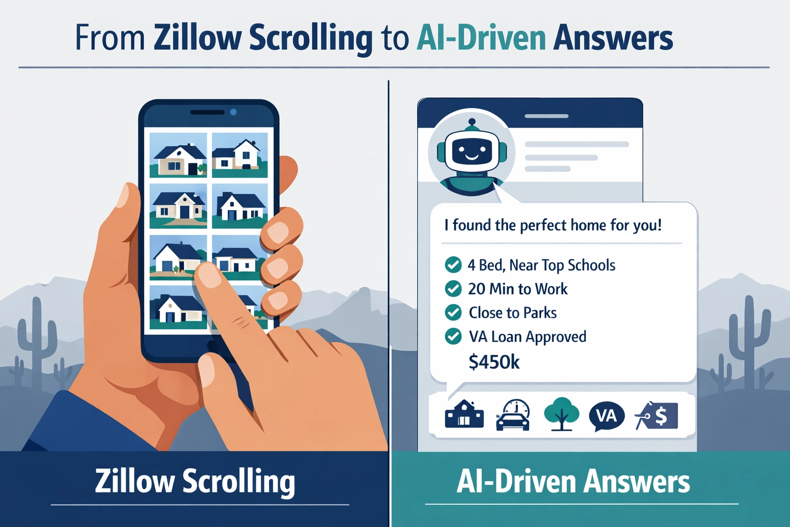 Infographic showing the shift from Zillow Scrolling to AI-Driven Answers