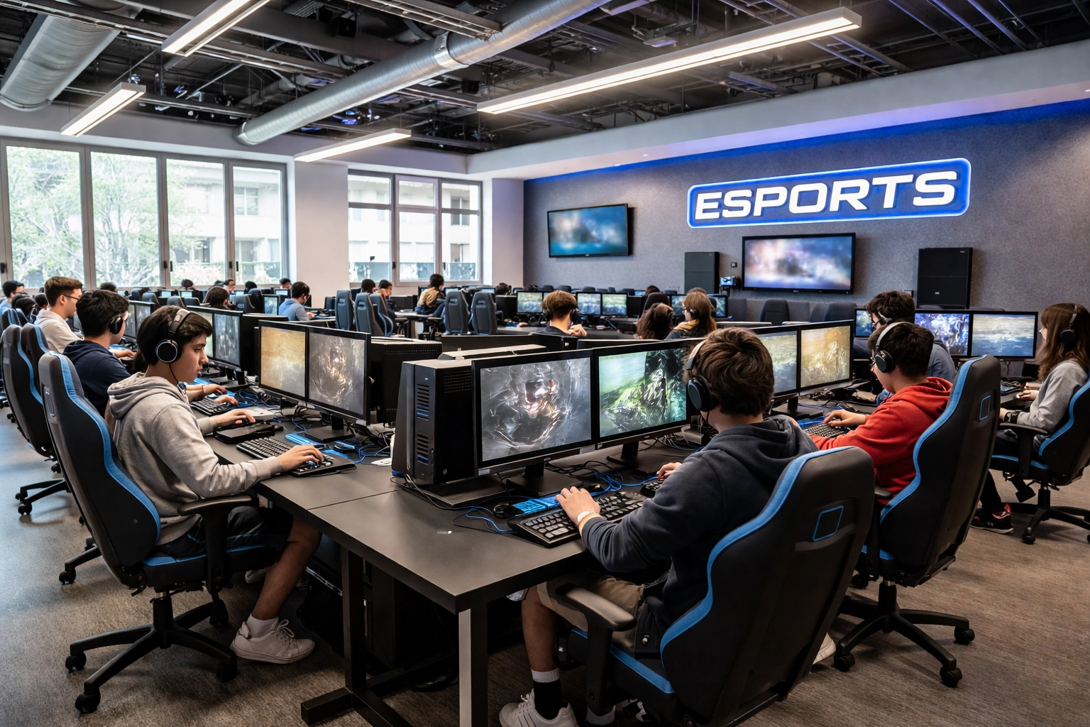 High school students at esports gaming stations in modern educational lab showcasing technology and learning infrastructure