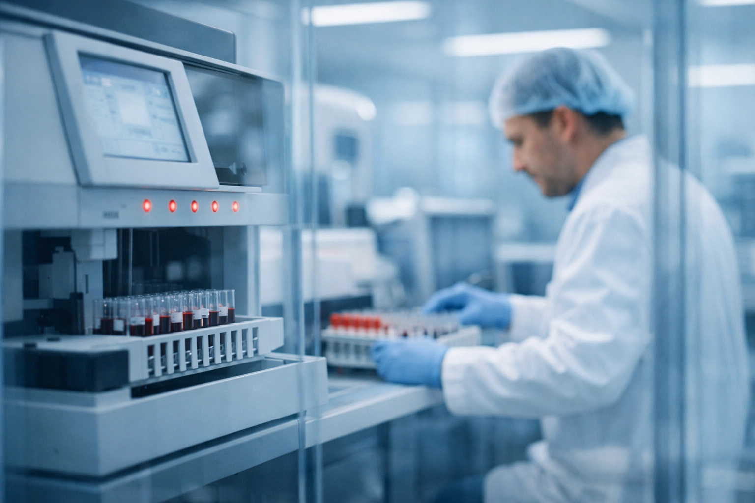 Laboratory technician analyzing cortisol blood samples in UKAS accredited testing facility