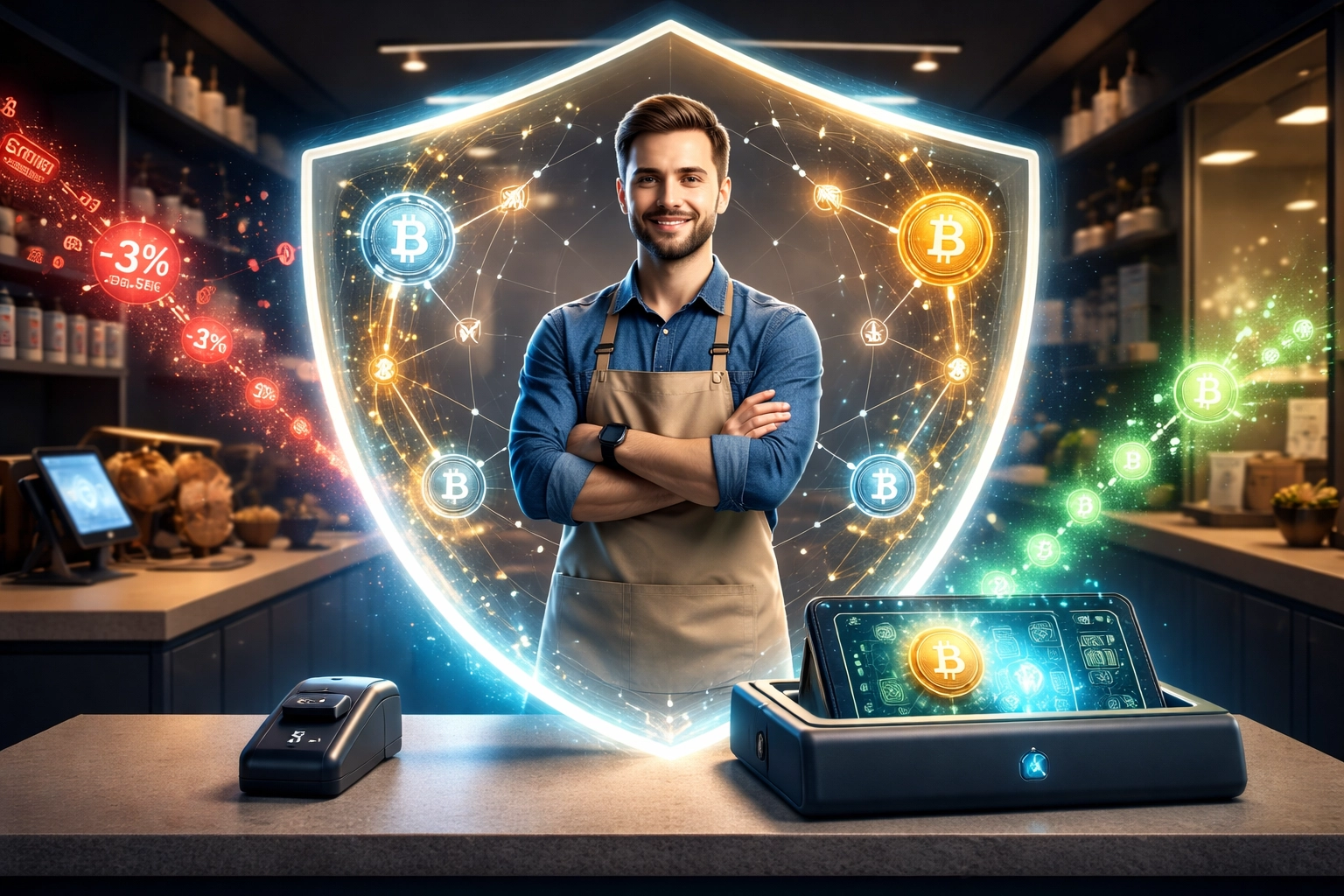 Small business owner accepting crypto payments securely, reducing interchange fees using blockchain technology.