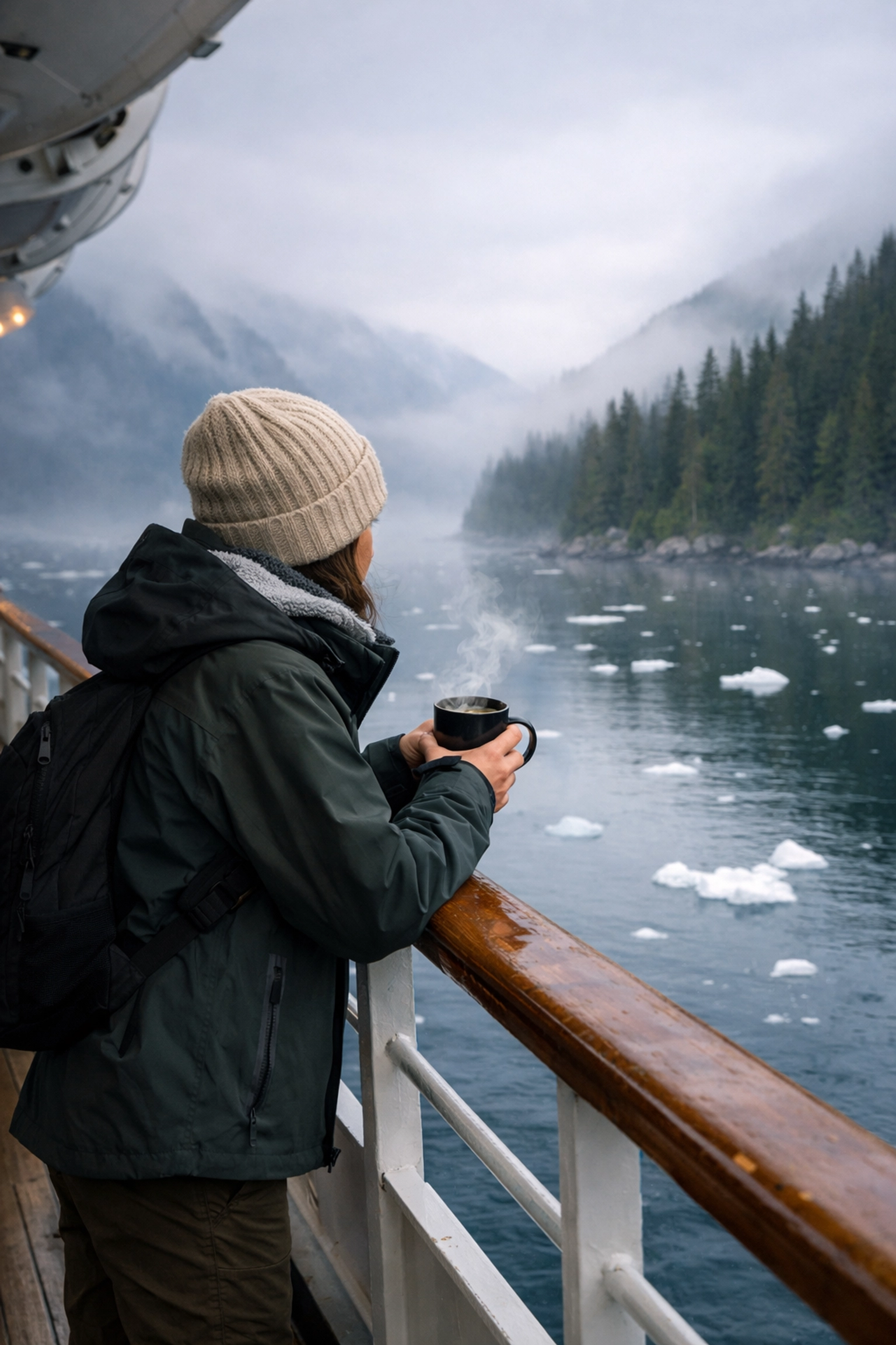 A traveler in warm cruise gear holding coffee on a ship deck while sailing through a misty Alaskan fjord.