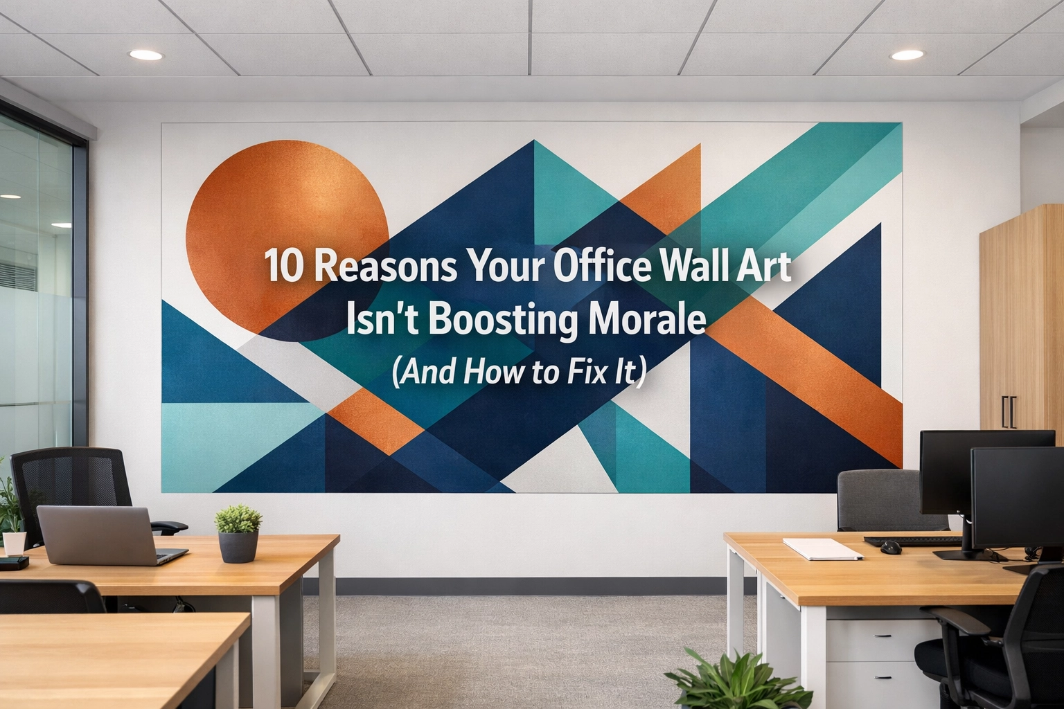 Modern geometric office wall mural with teal and copper tones in a bright Knoxville workspace.