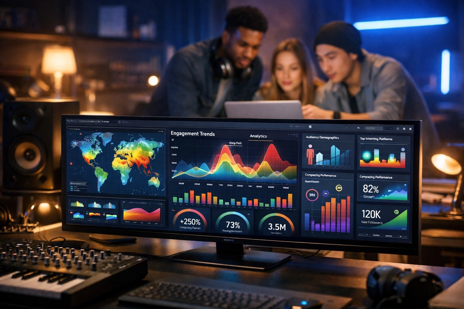 Professionals at Tunes On Top Academy analyzing music marketing data on a high-tech studio monitor.