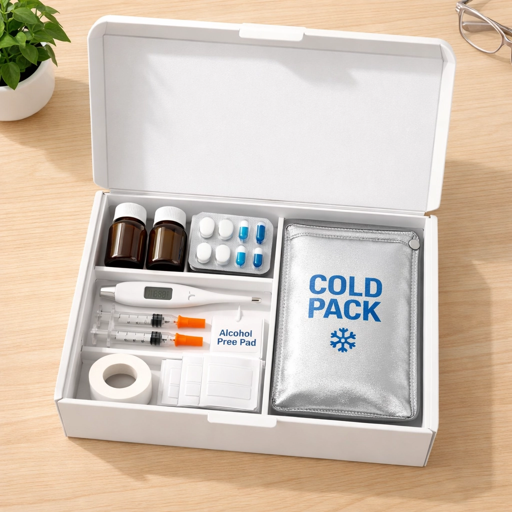 Medical weight loss supplies and semaglutide medication shipped in a temperature-controlled delivery box.