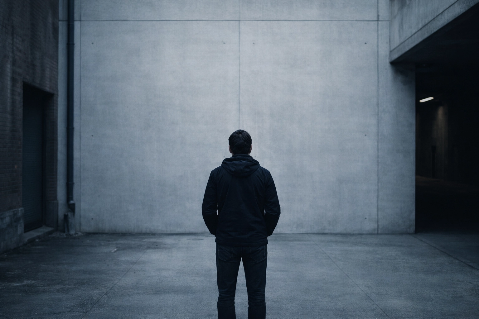 A person facing a tall concrete wall representing the difficult barriers created by addiction stigma.