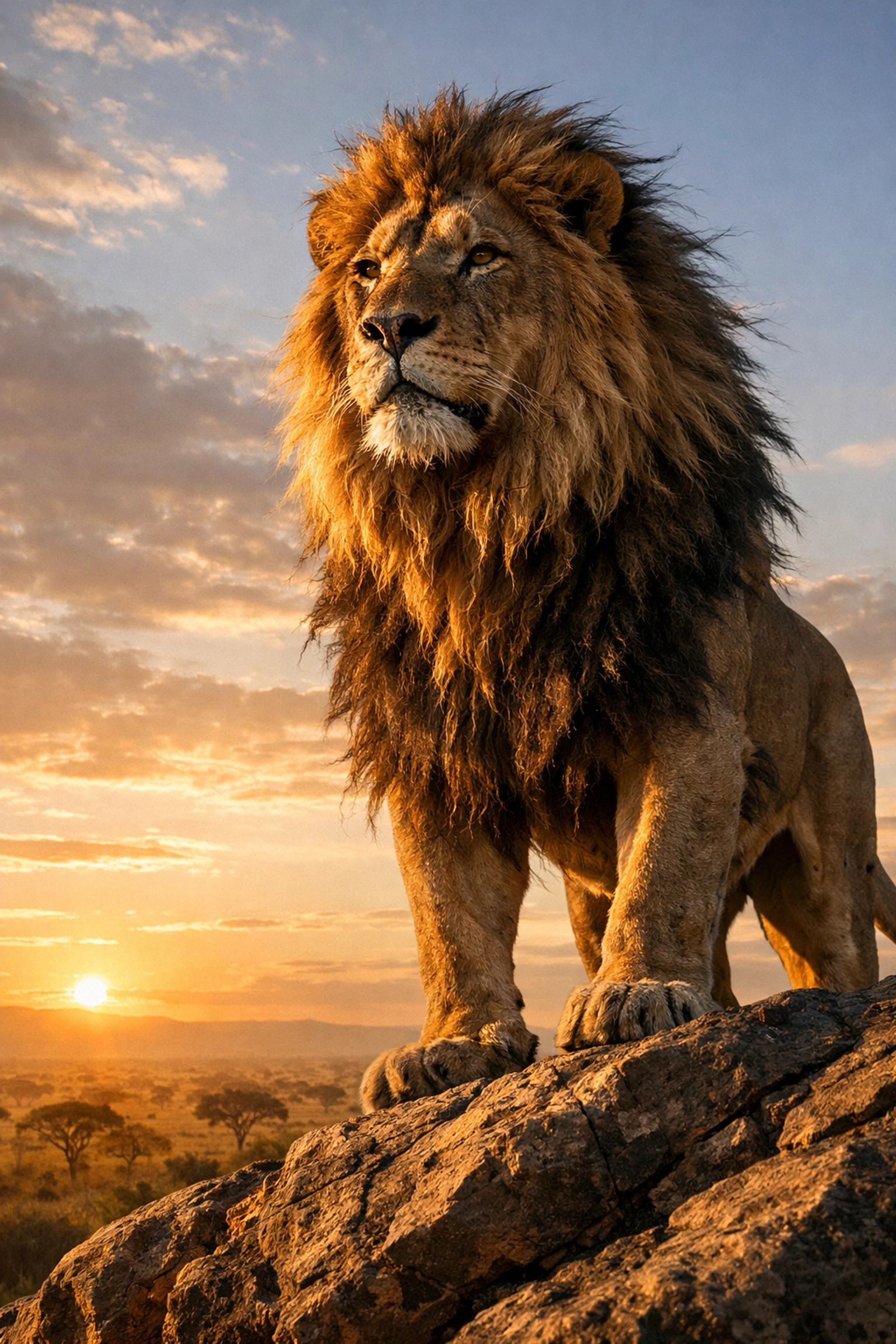 A majestic lion watching over the savanna, illustrating the strength and security of life insurance protection.