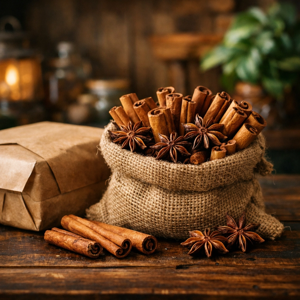 Authentic Ceylon cinnamon sticks and star anise in a rustic burlap sack, showing premium farm-direct quality spices.