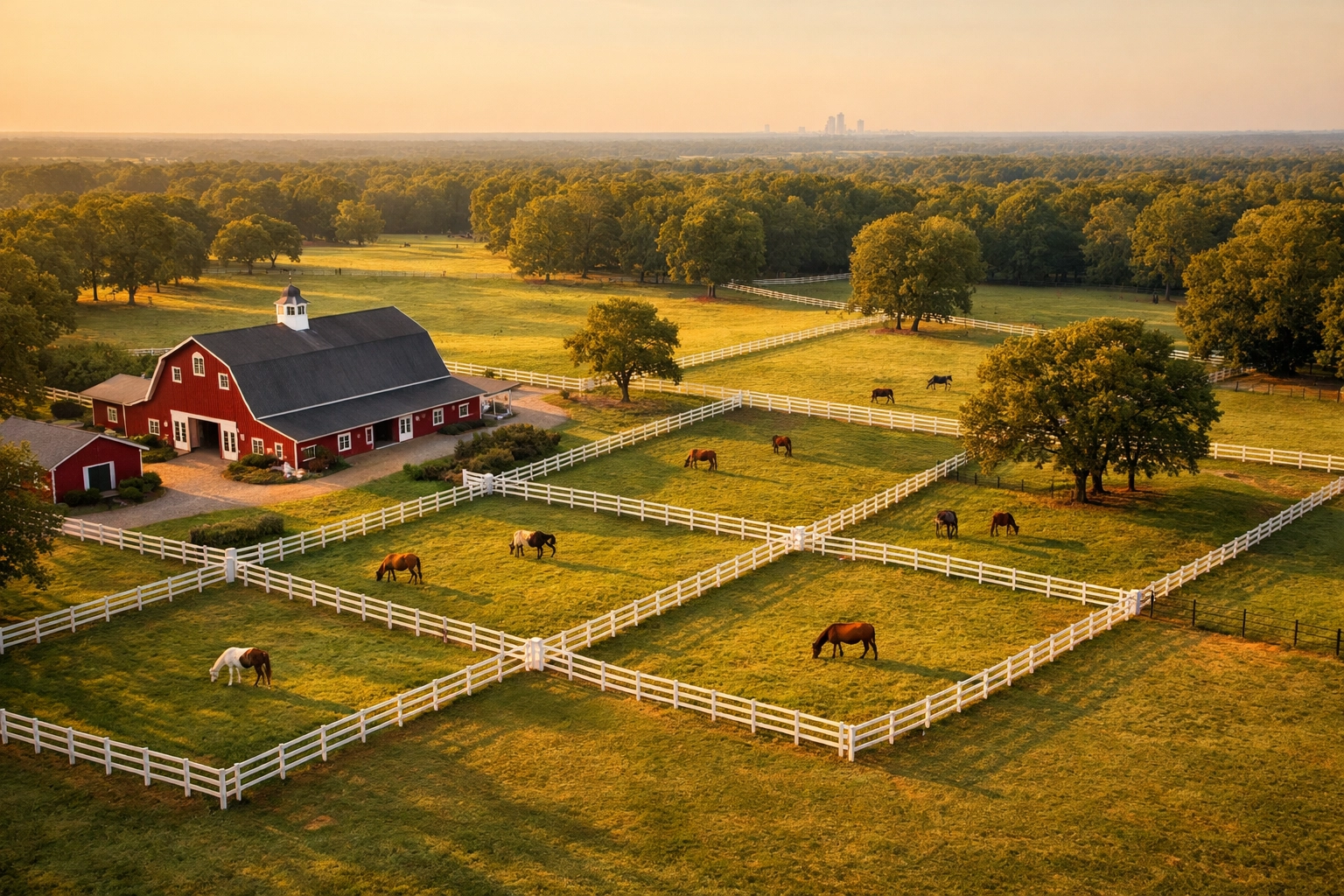 Aerial view of horse farm for sale in Waxhaw NC with barn, white-fenced paddocks, and grazing horses