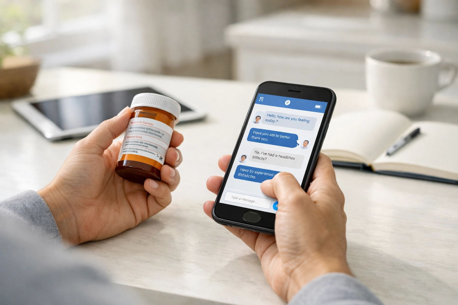 Patient at home texting a doctor via secure messaging to provide accurate prescription history for an online consultation.
