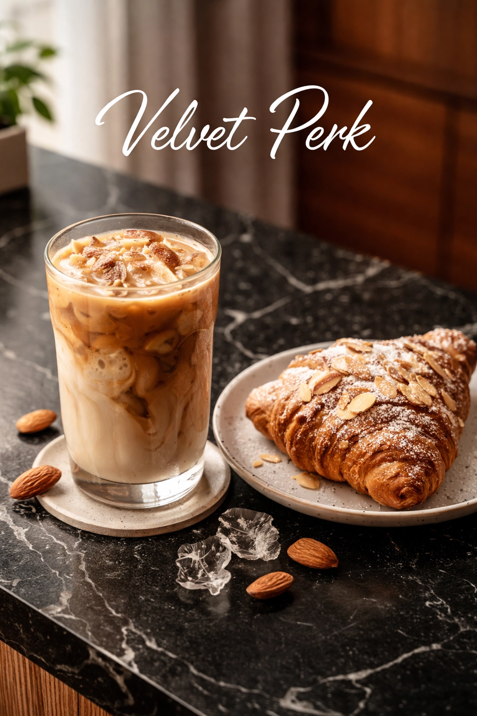 Iced latte with milk swirls and almond croissant on black marble, an inviting Velvet Perk coffee pairing.