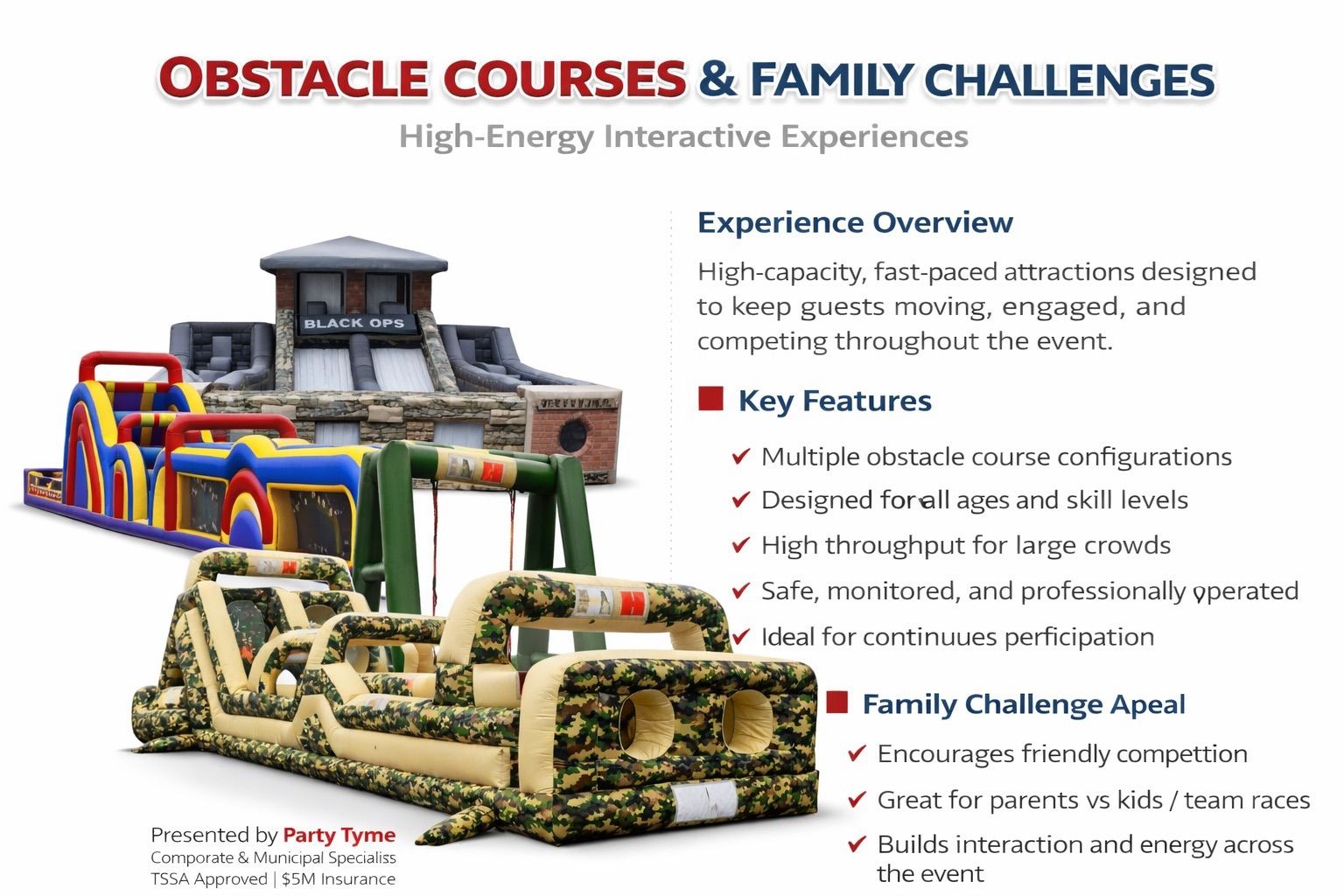 Vibrant inflatable obstacle courses, including a camo-themed challenge and the Black Ops course, designed for high-capacity events with multiple configurations, professional supervision, and suitability for all skill levels.