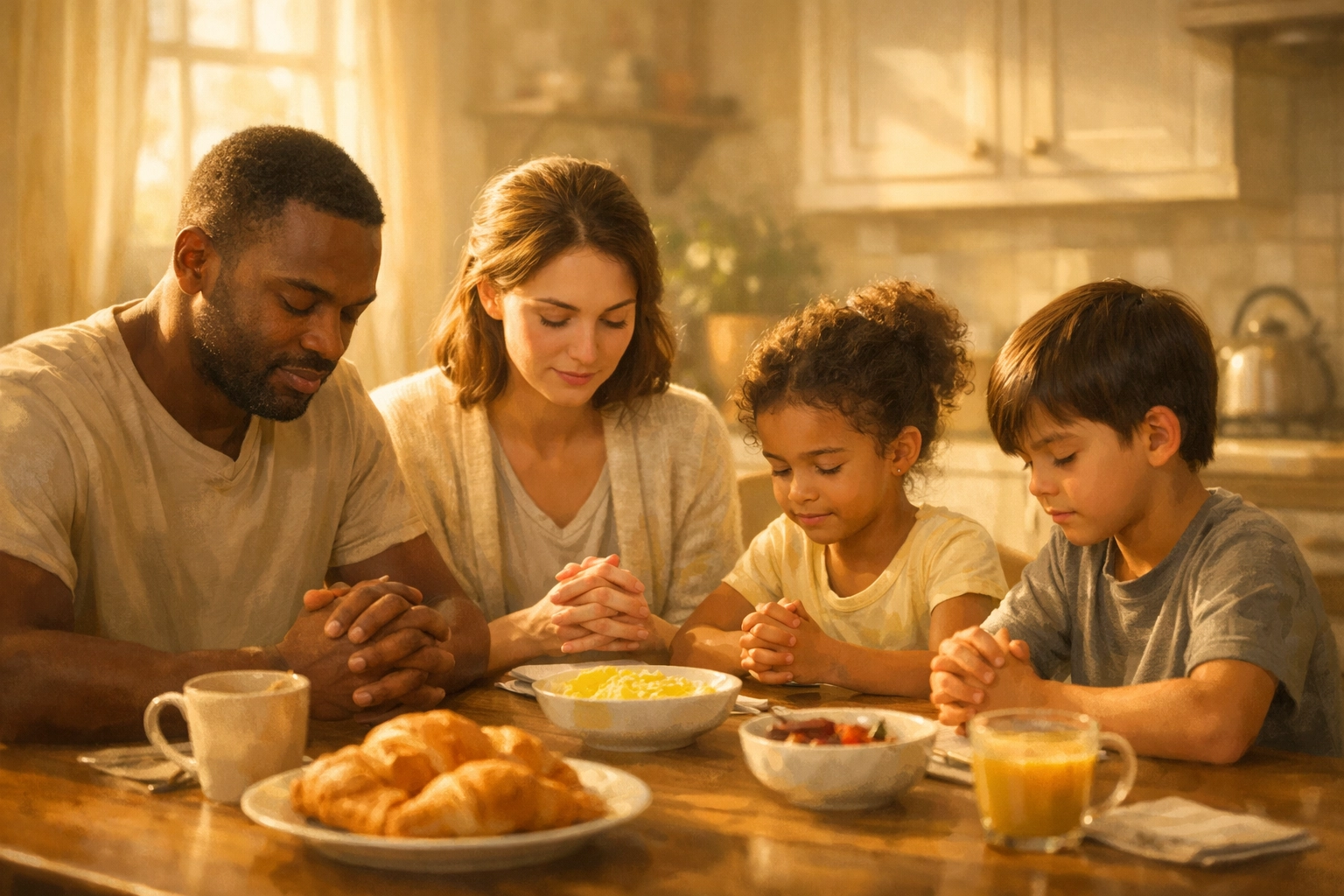 Family praying together at breakfast table teaching kids faith foundations