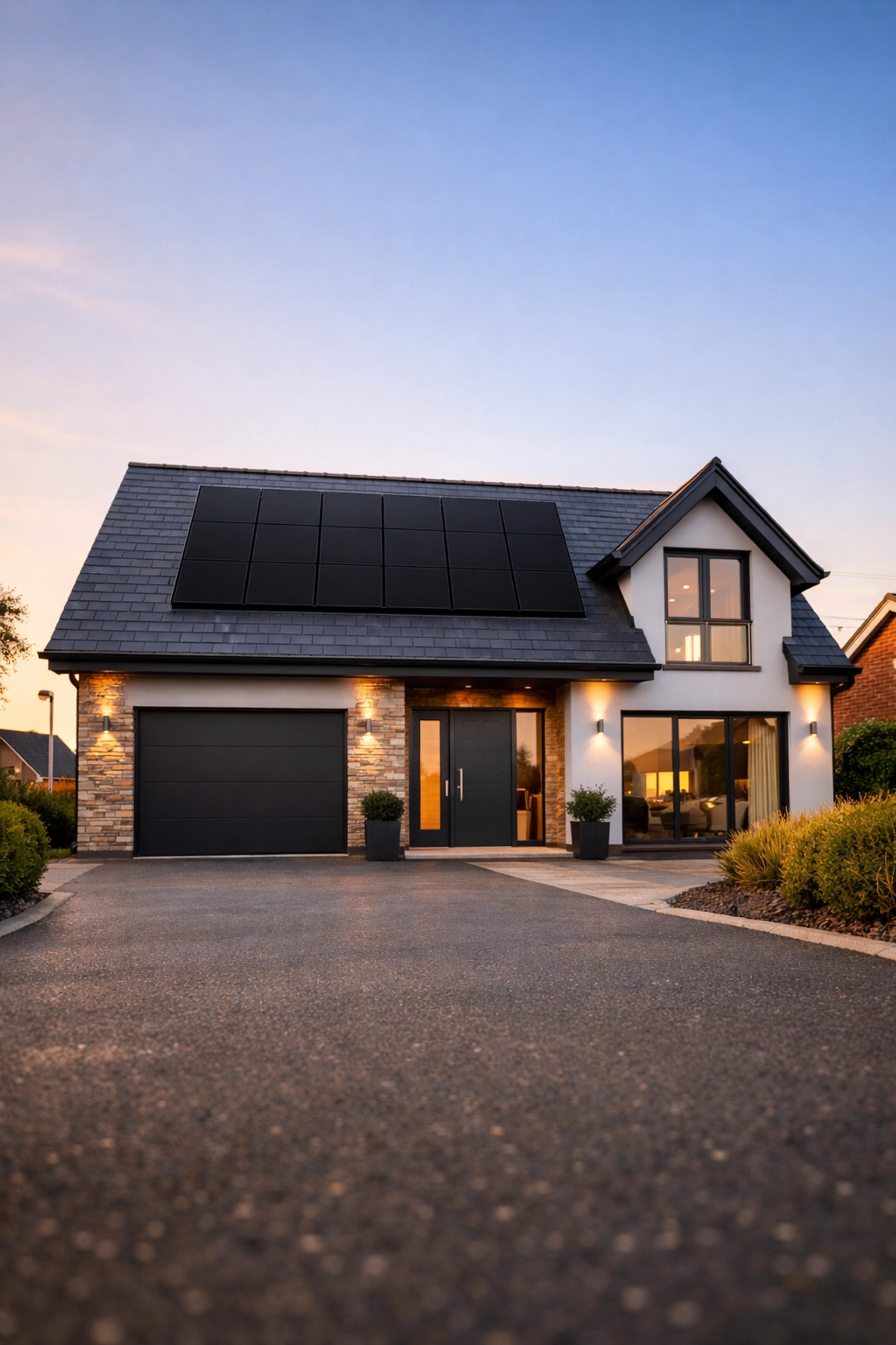 Modern UK home with a professional installation of sleek, all-black solar panels on a slate roof.