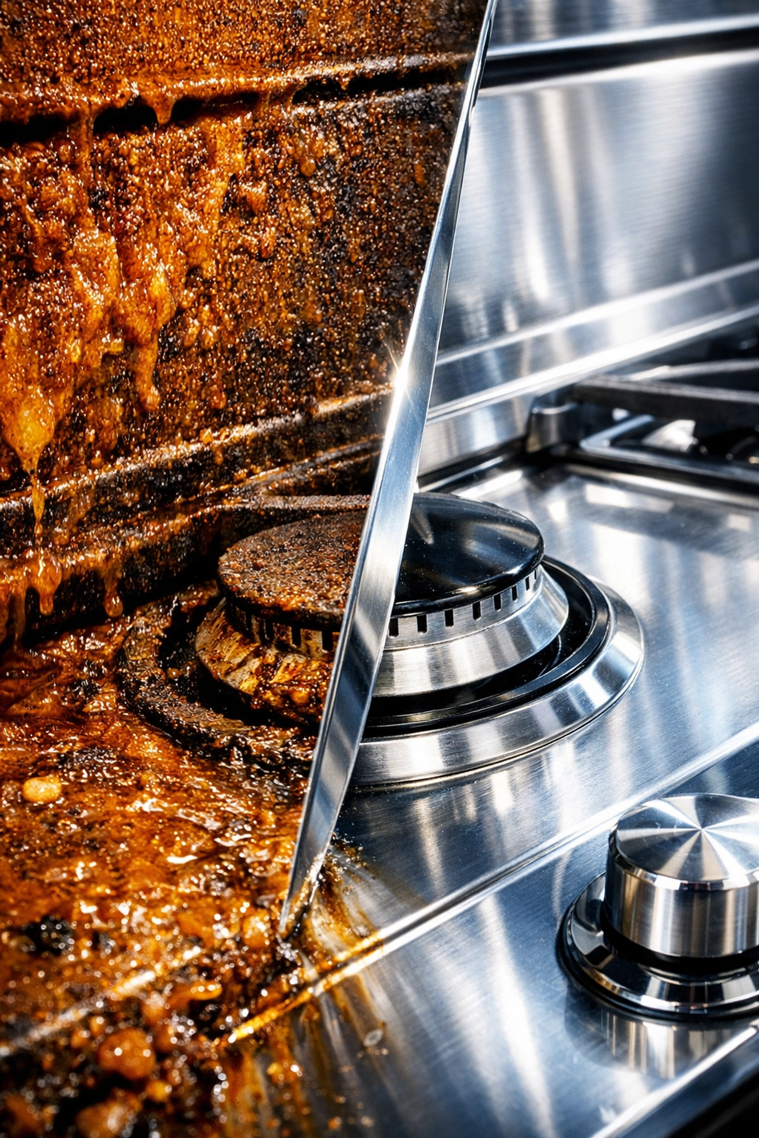 Side-by-side comparison of stubborn kitchen grease removal on a stainless steel stove and backsplash.
