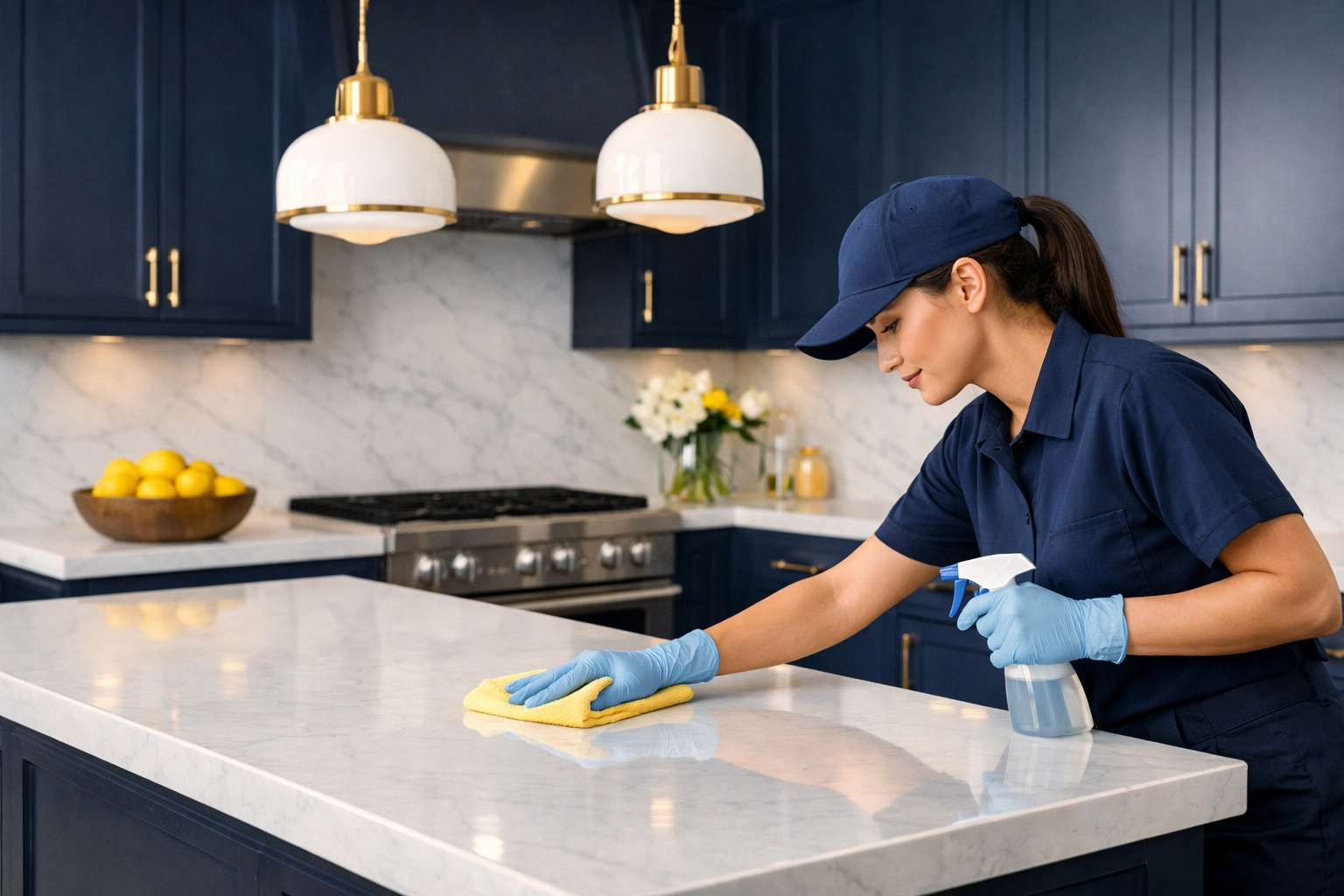 Professional cleaner using Ninja efficiency for residential cleaning Massachusetts in a high-end Dover kitchen.