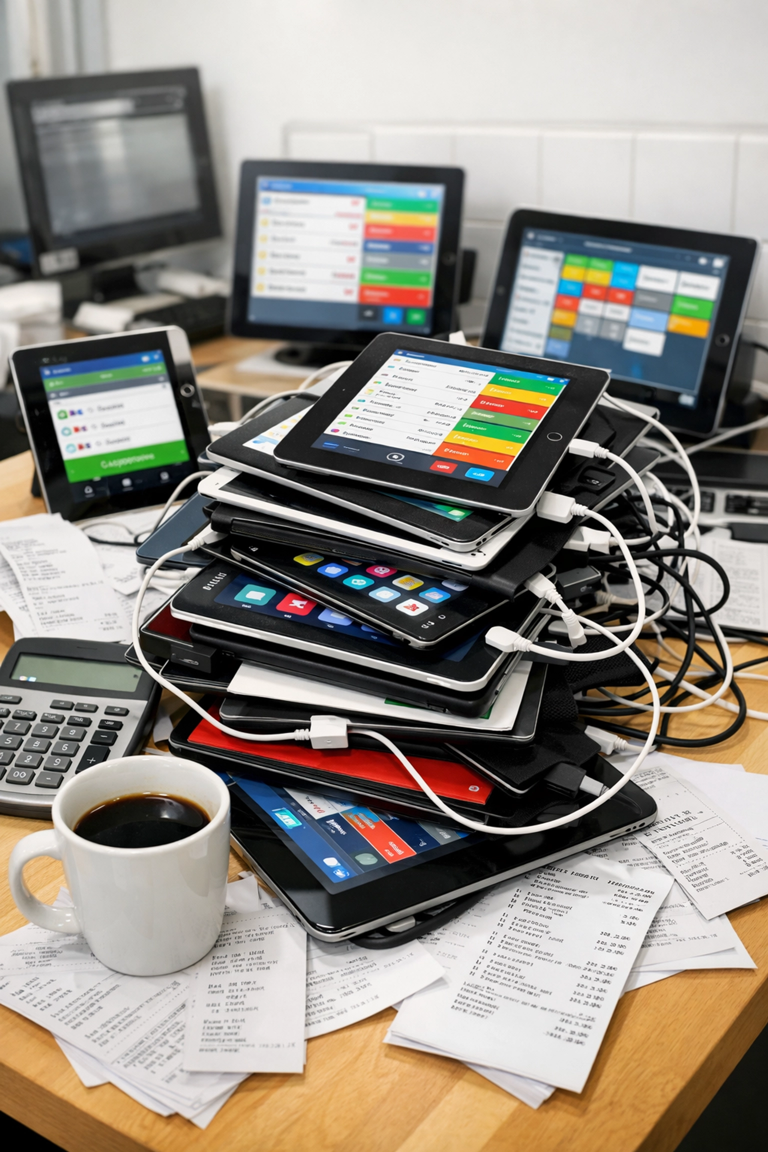 Cluttered restaurant office desk with multiple tablets and devices showing tech stack chaos