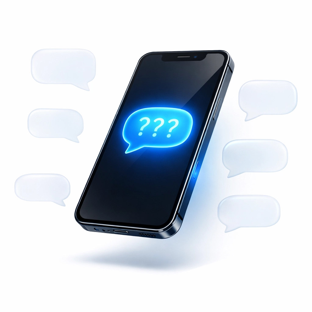 Smartphone with conversational chat bubbles representing long-tail keyword searches for AI optimization