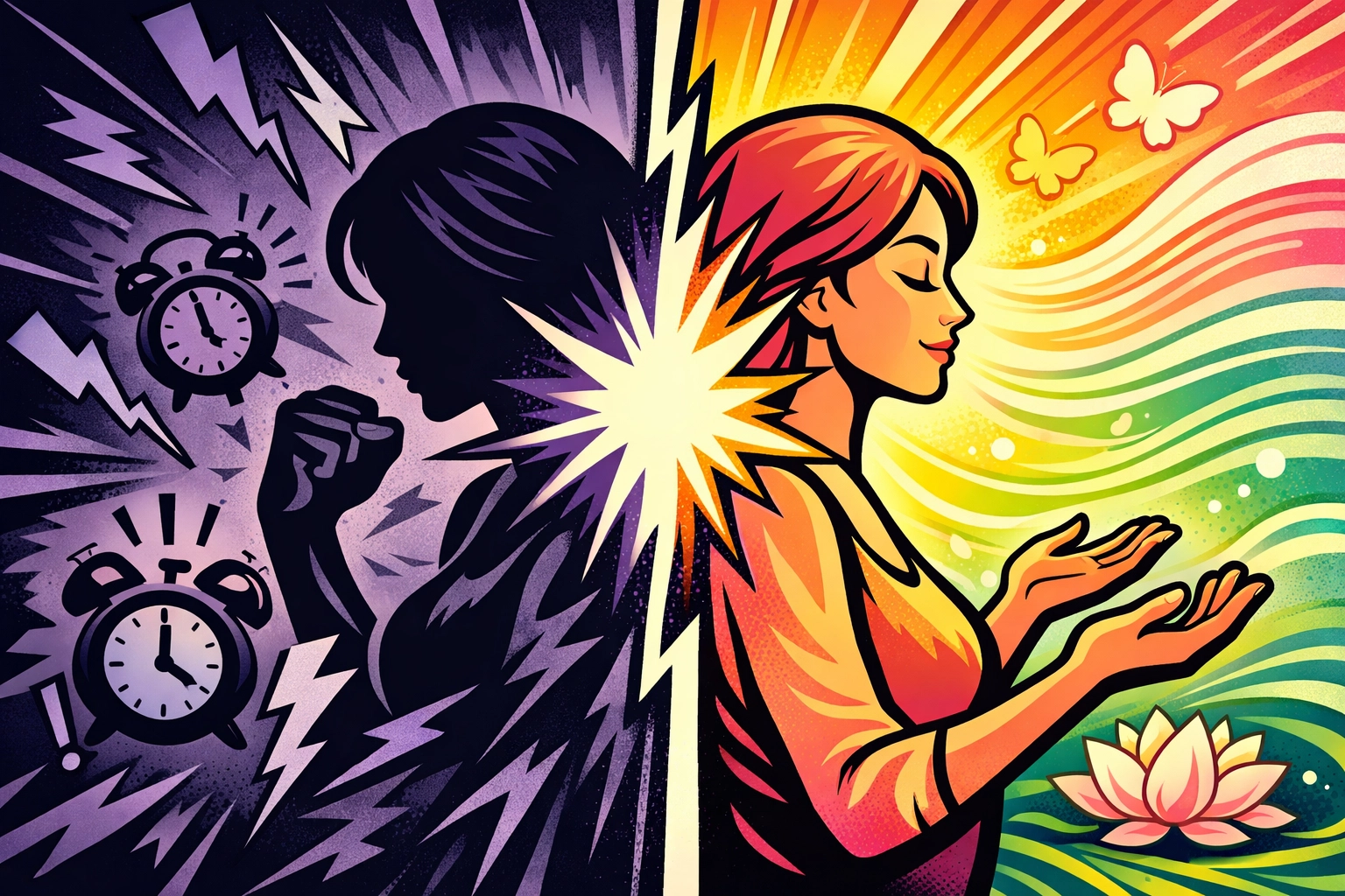 Woman transforming from stressed fight-or-flight mode to calm nervous system regulation