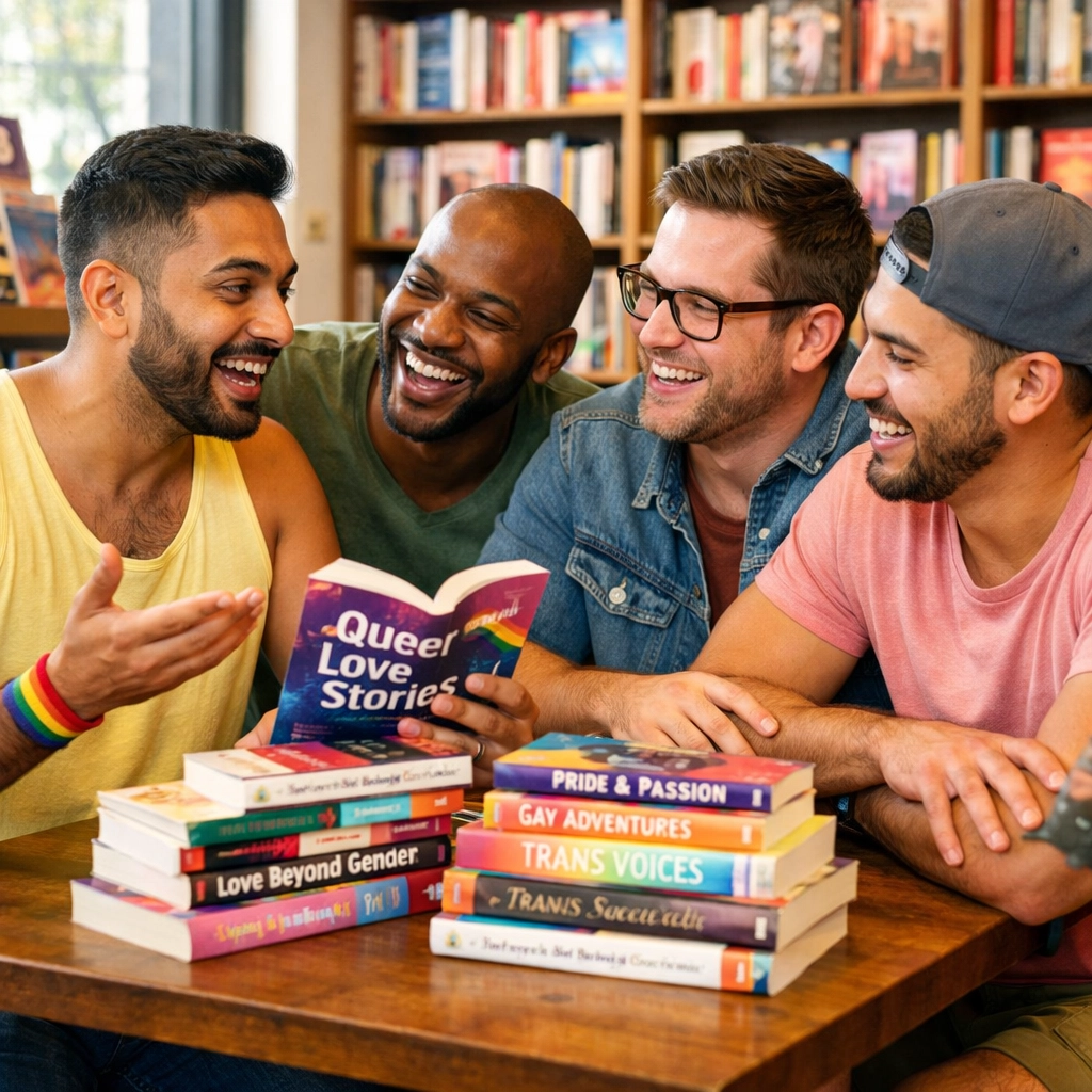 Members of a gay book club laughing and sharing recommendations for emotional MM books in a modern bookstore.