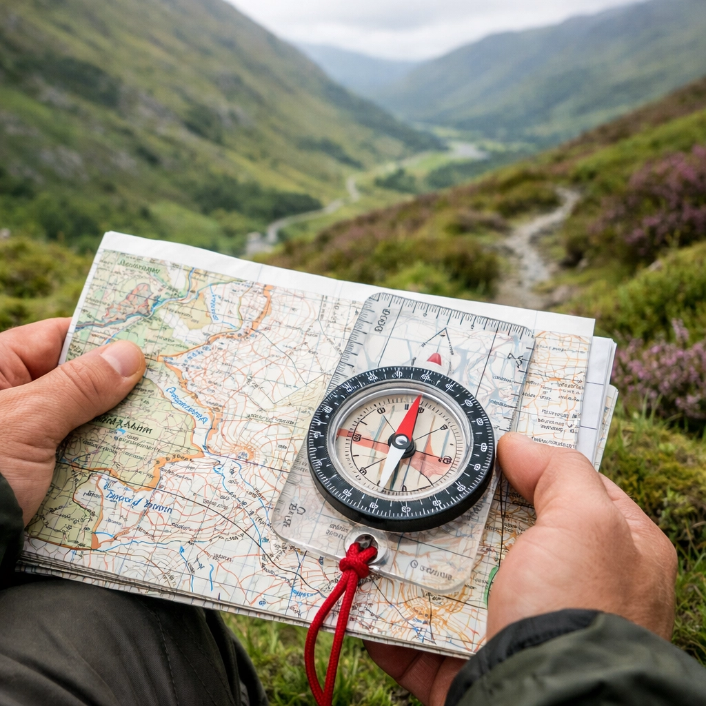 A hiker using a map and compass for navigation during a UK camping adventure in the Lake District.
