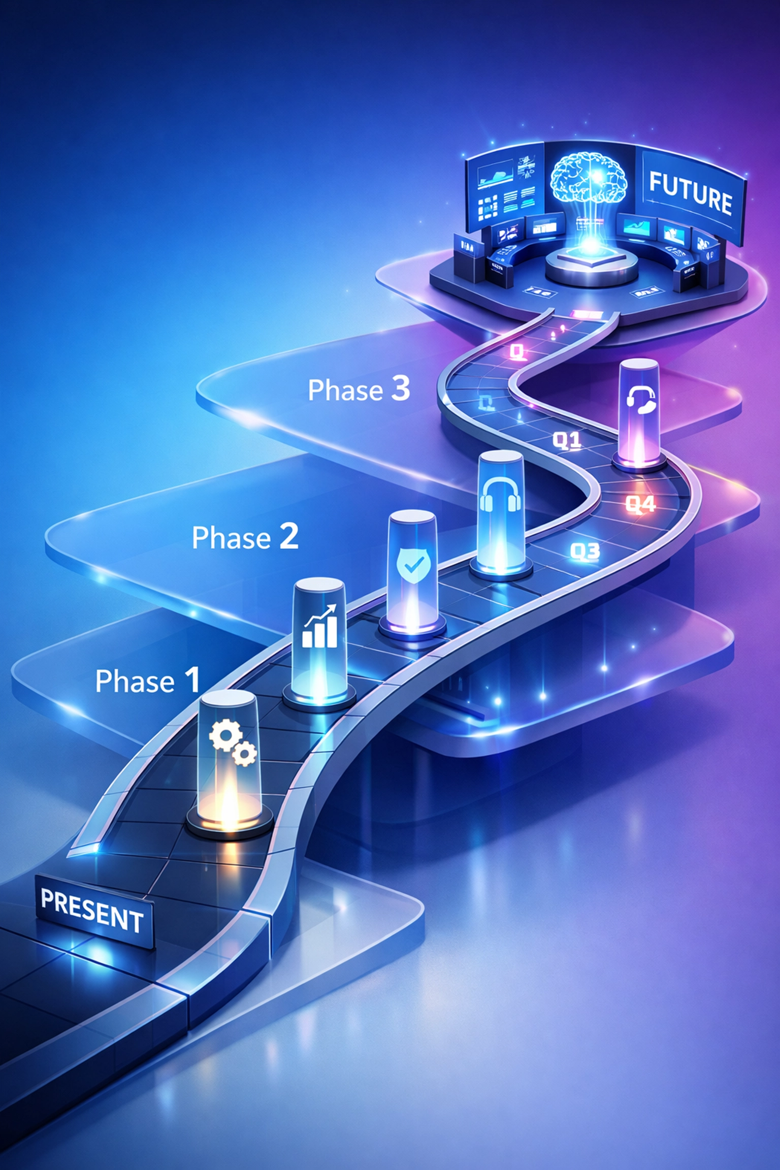 Strategic ServiceNow implementation roadmap showing phases from current state to AI-powered future capabilities