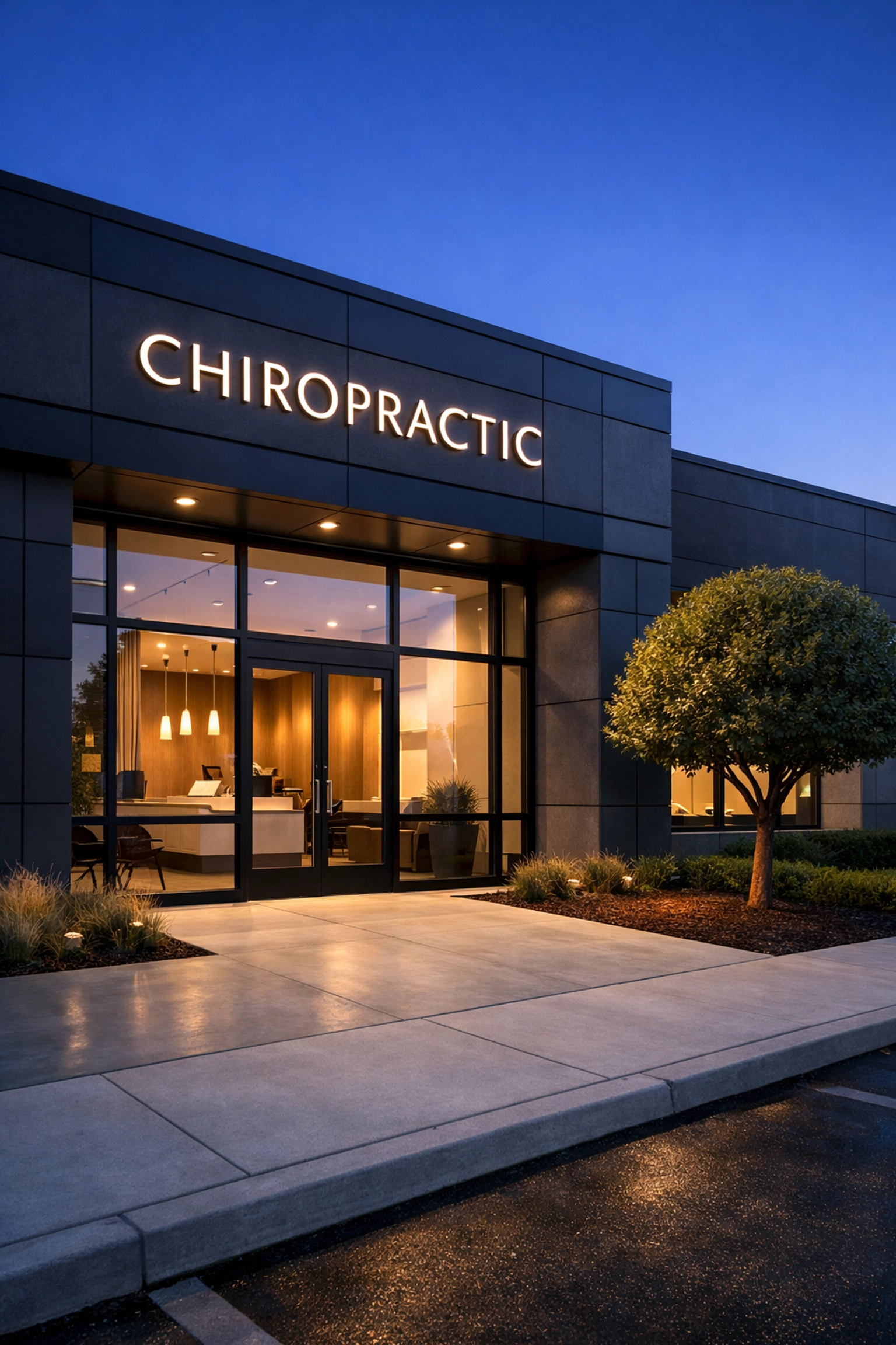 Modern chiropractic clinic exterior highlighting local search visibility and optimized Google Business Profile.