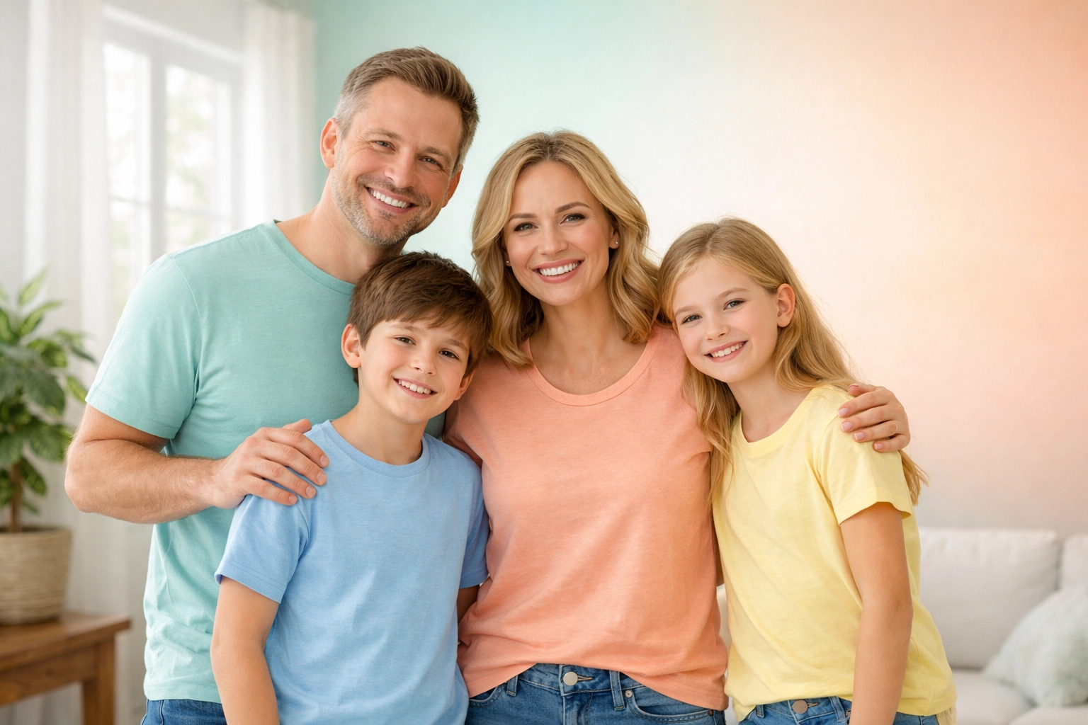 Family wearing matching custom t-shirts in coordinating spring colors at home