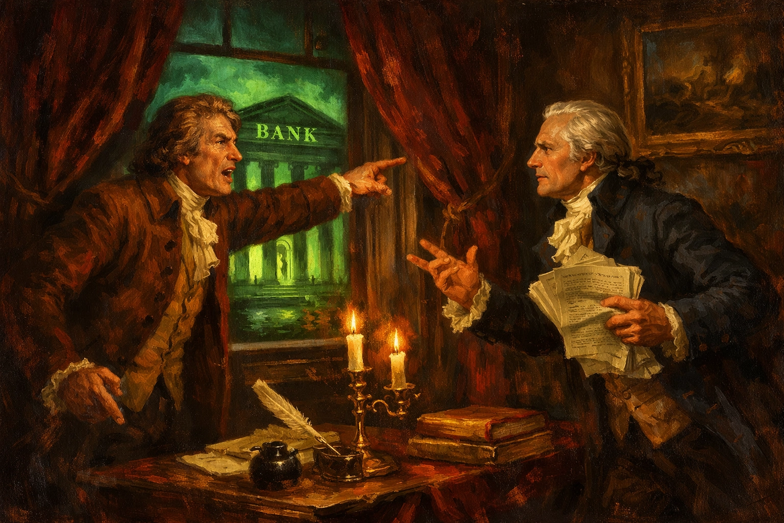 Thomas Jefferson and Alexander Hamilton debating central banking in colonial America