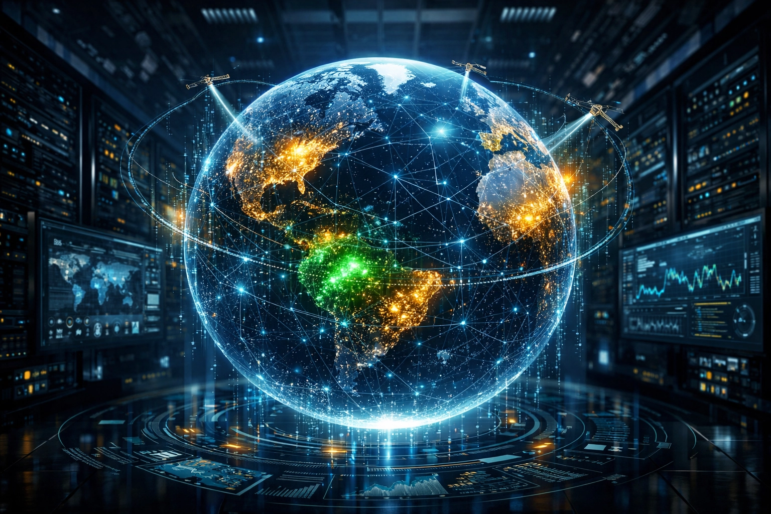 Digital Earth globe in a data center representing real-time AI analytics for ESG data and satellite monitoring.