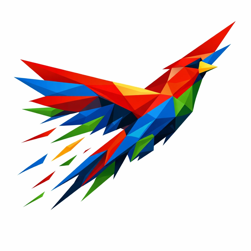A colorful geometric bird in flight representing speed and productivity in sales email communication.