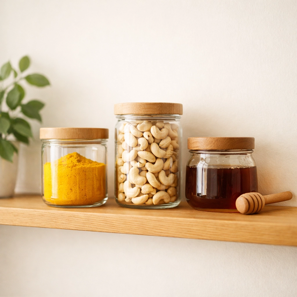 Organized kitchen pantry with glass jars of spices, nuts, and natural honey.