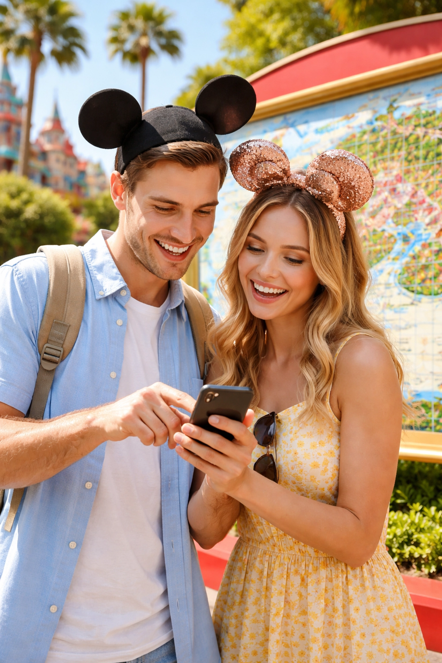 Couple planning Disney vacation with map, showcasing easy trip planning with Lightning Lane options