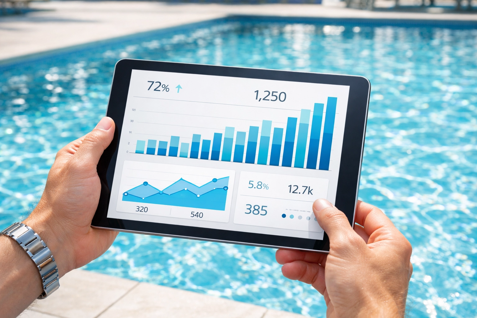 Analyzing pool route valuation market data on a digital tablet at a luxury swimming pool.