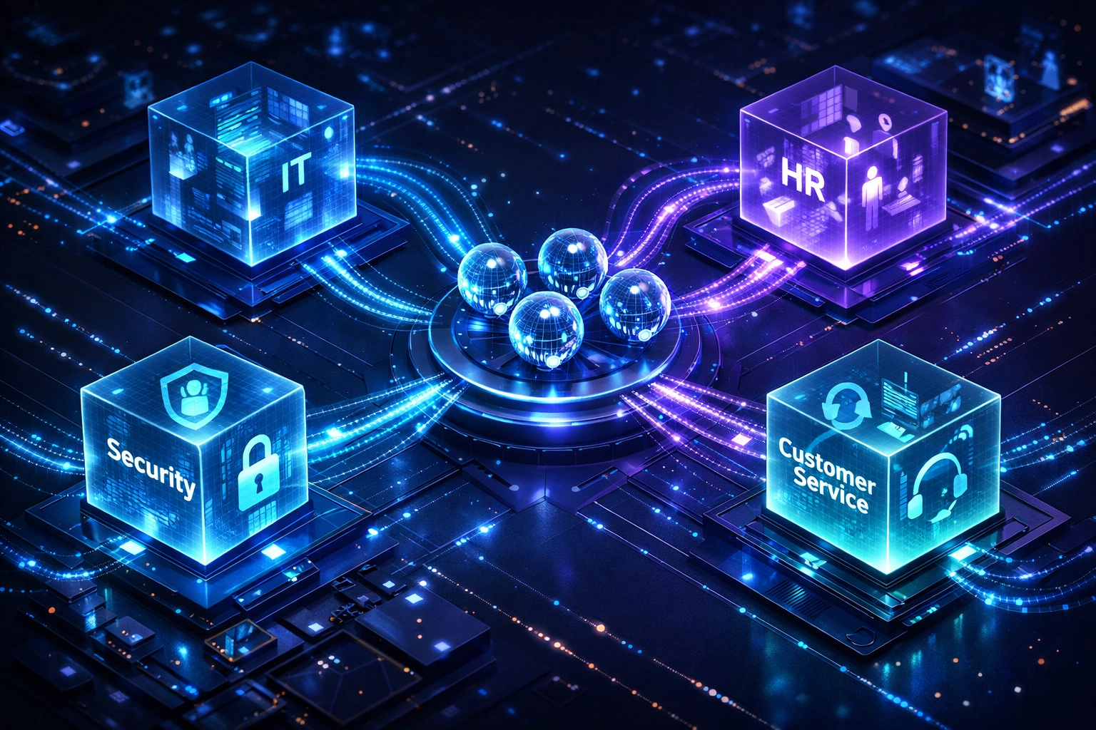 ServiceNow AI agent orchestration connecting IT, HR, security, and customer service modules