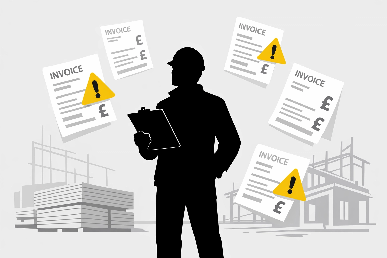 Construction site manager reviewing supplier invoices with error alerts highlighting pricing mistakes
